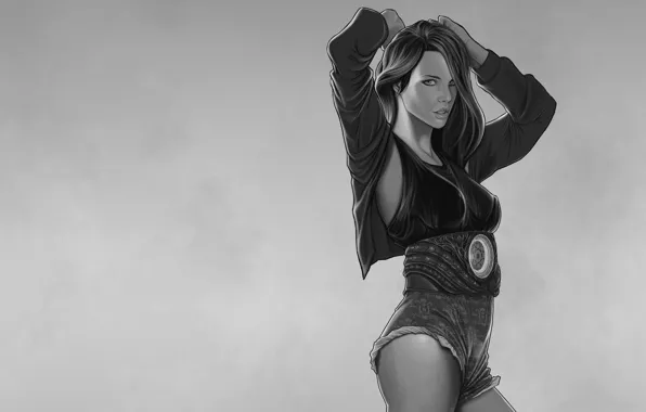 Pose, Girl, minimalism, belt, grey background