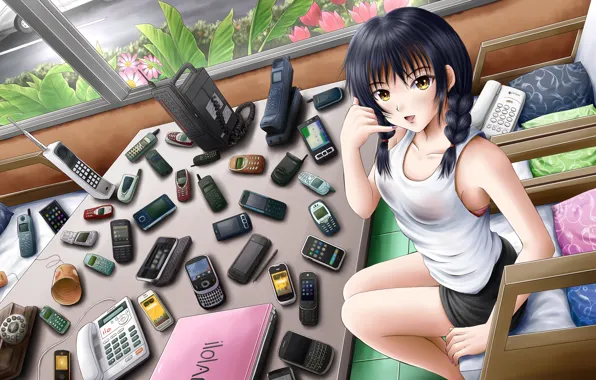 Girl, table, sitting, phones, Chan, smartphones, waiting for a call