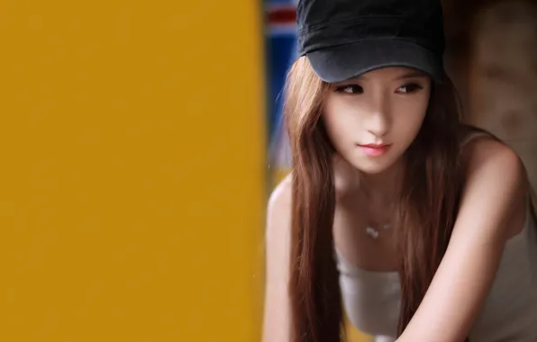 Girl, blouse, long hair, beautiful, pretty, lips, face, cap