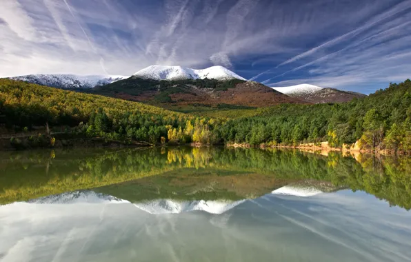 Forest, the sky, mountains, reflection, shore, pond