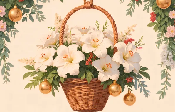 Balls, flowers, Lily, bouquet, Christmas, New year, basket, Christmas decorations