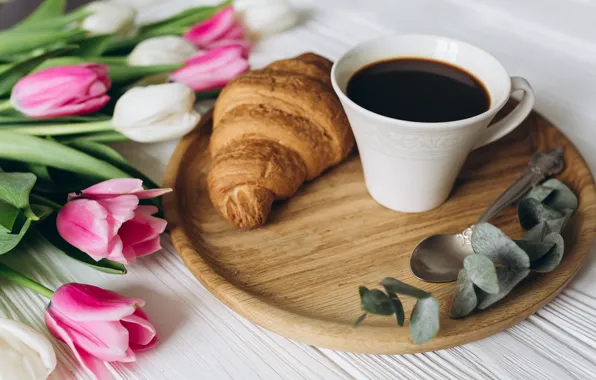 Flowers, bouquet, spring, Coffee, Spoon, tulips, croissant, wooden background