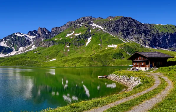 Picture the sky, mountains, lake, house, boat