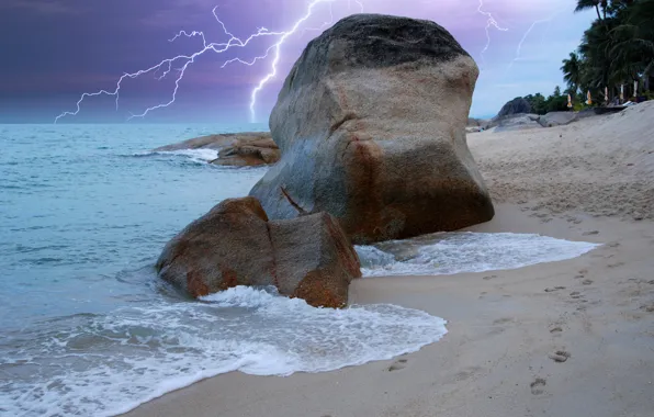 Sand, sea, the storm, beach, the sky, clouds, stones, palm trees