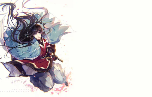 Look, sword, katana, petals, guy, Touken Ranbu, Dance Of Swords, Izumi from Kami Kanesada