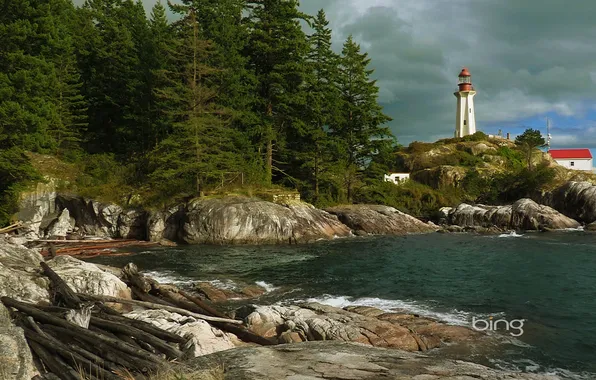 Picture the sky, clouds, trees, rocks, lighthouse, Canada, British Columbia, Cape Atkinson