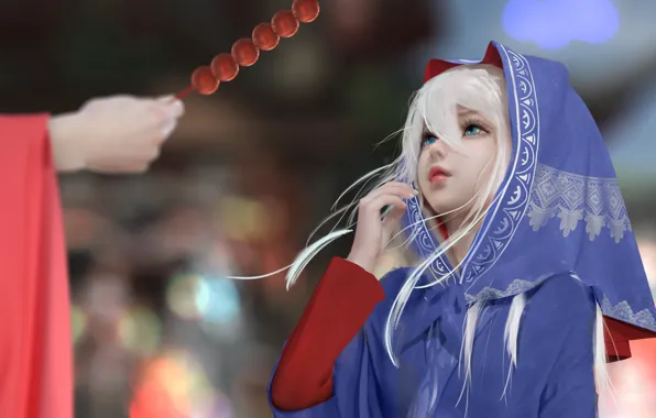 Girl, blurred background, Dango, treat