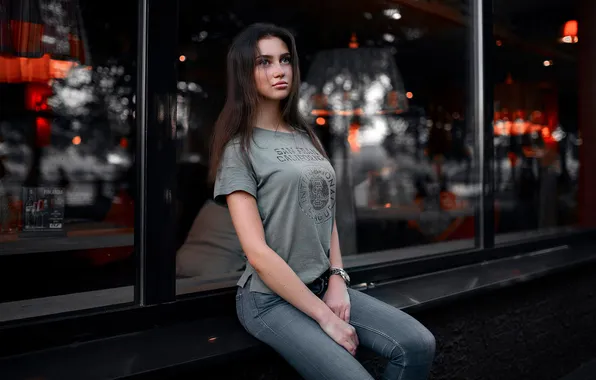 Girl, pose, model, Windows, portrait, jeans, makeup, figure
