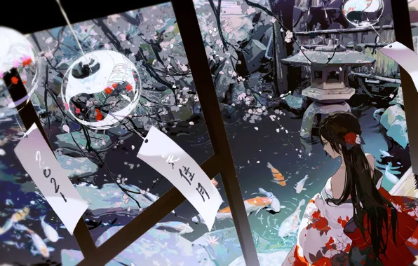 Winter, girl, snow, pond, temple, carp