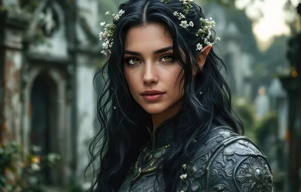 Look, girl, flowers, castle, portrait, armor, brunette, fantasy