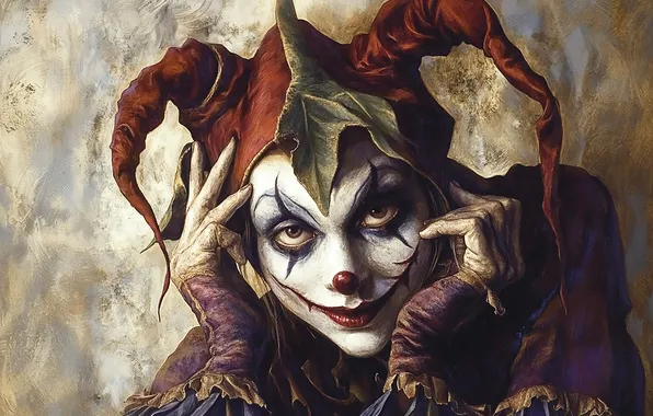 Look, pose, smile, portrait, hands, clown, gloves, cap