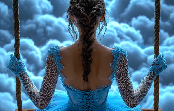 Clouds, Girl, Swing, Blue dress, AI art