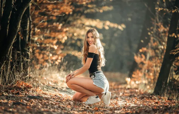 Picture autumn, leaves, girl, the sun, light, pose, smile, mood