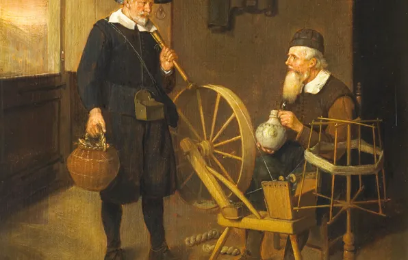 Picture picture, window, rod, genre, Quirin van Brekelenkam, Interior with Angler and Spinner, spinning wheel