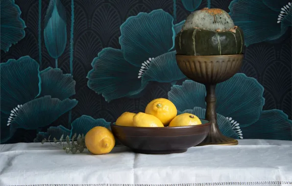 Table, background, pumpkin, still life, lemons, tablecloth, ramekin