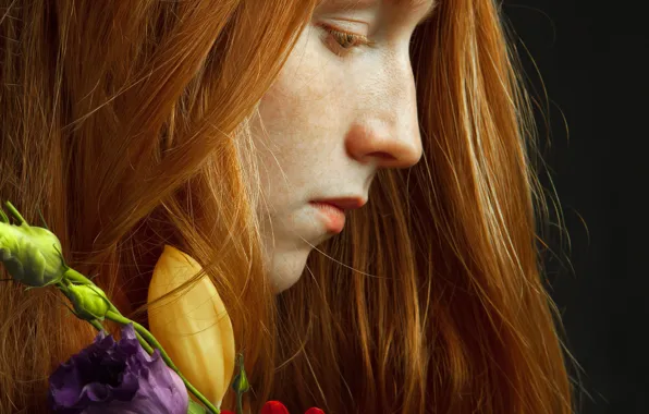 Girl, flowers, freckles, profile, redhead, Michael Shestakov