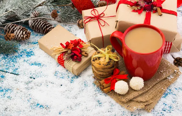 Snow, decoration, tree, coffee, New Year, Christmas, Cup, gifts