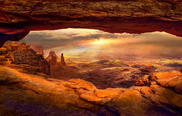 The sky, the sun, clouds, light, landscape, nature, open, rocks