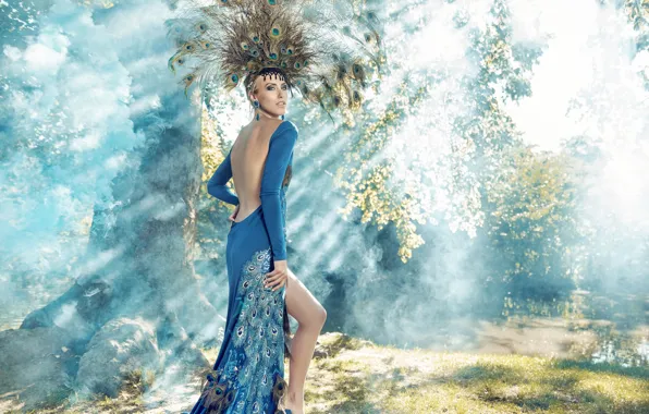 Forest, girl, style, model, makeup, dress, costume, peacock feathers