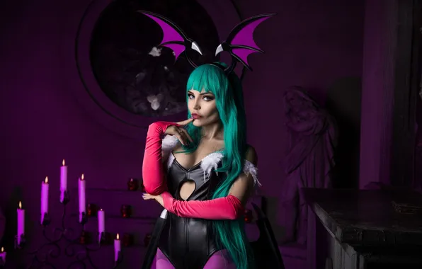 Picture model, women, cosplay, candles, bats, Morrigan Aensland, blue hair, 500px