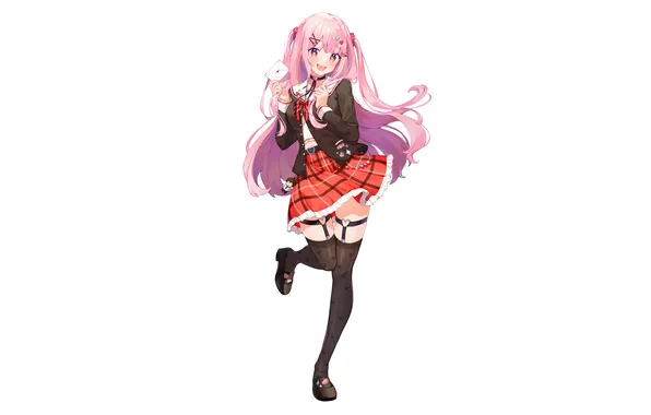 Girl, school uniform, thighhighs, pink hair, long hair, legs, anime, beautiful