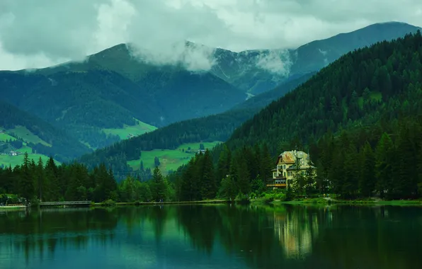 Mountains, lake, Italy, forest, Toblacher