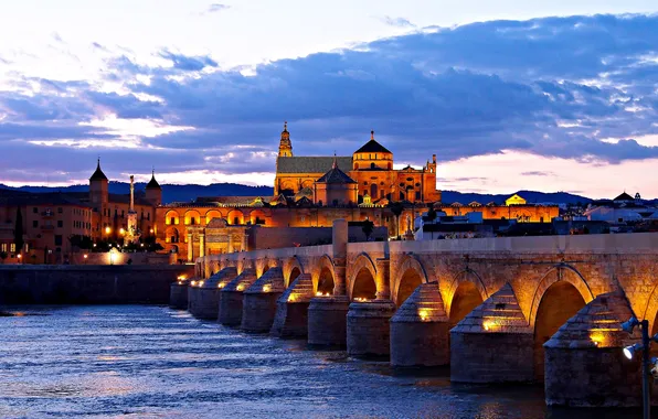 Night, bridge, lights, river, home, Spain, Cordoba
