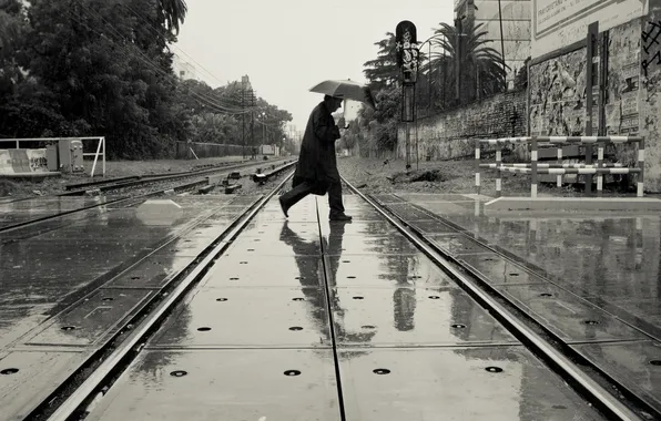 Reflection, umbrella, railroad, the transition, male, coat, power lines, city