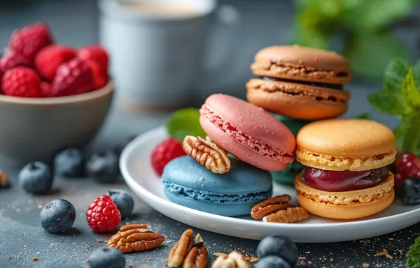 Berries, raspberry, cookies, blueberries, plate, nuts, colorful, cakes