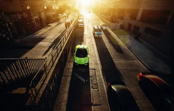 Roadster, Lamborghini, City, Chicago, Green, Sunset, Downtown, LP700-4