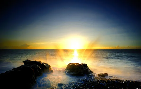 Sea, foam, sunset, squirt, sunrise, stones