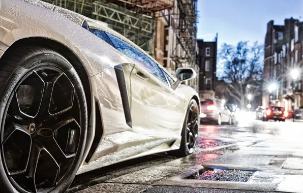 Picture auto, white, night, the city, tires, lamborghini, drives, pirelli