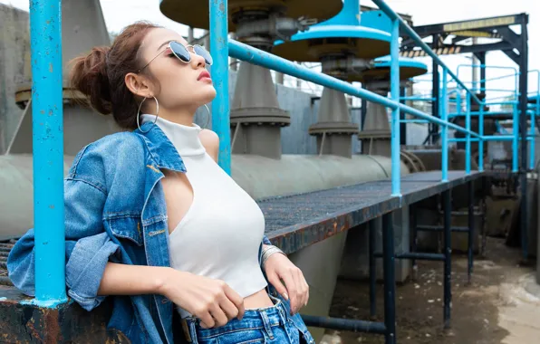 Girl, pose, glasses, Asian, dzhinsovka