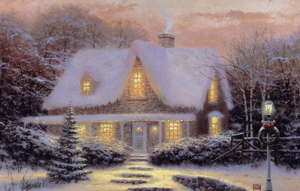 Winter, sunset, toys, tree, the evening, Christmas, house, Thomas Kinkade