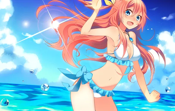 Girl, sexy, cleavage, beach, Vocaloid, pink hair, long hair, sea