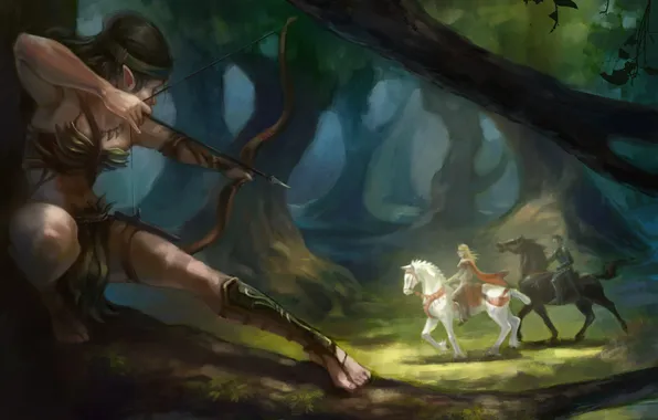 Picture girl, elf, horse, bow, Archer, arrow