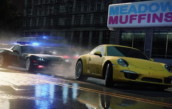 Picture yellow, the city, track, police, puddles, Need for Speed, Electronic Arts, porche