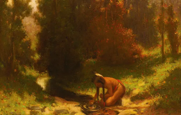 Forest, stream, 1903, Eanger Irving Couse, Indian Drinking