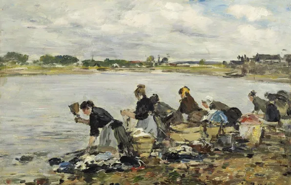 Landscape, river, picture, Eugene Boudin, Eugene Boudin, Laundresses on the Banks of the Touques