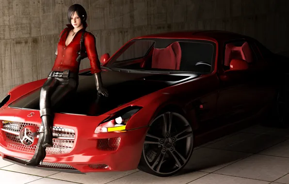 Picture machine, girl, SLS AMG, in red, Mercedes Benz, Resident Evil, roadster, render