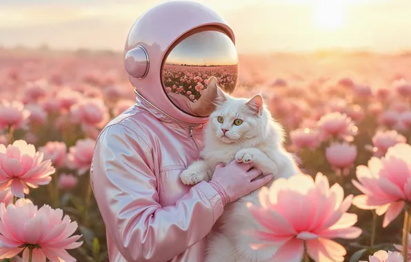 Field, cat, white, summer, cat, the sun, flowers, reflection