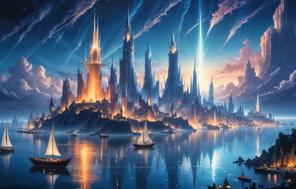 Sea, the sky, clouds, lights, reflection, blue, castle, shore
