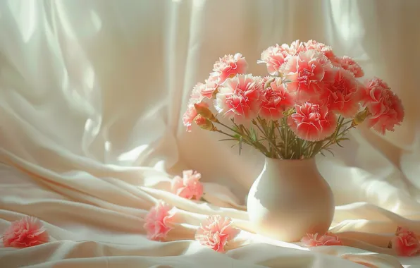 Light, flowers, bouquet, fabric, white, vase, pink, still life