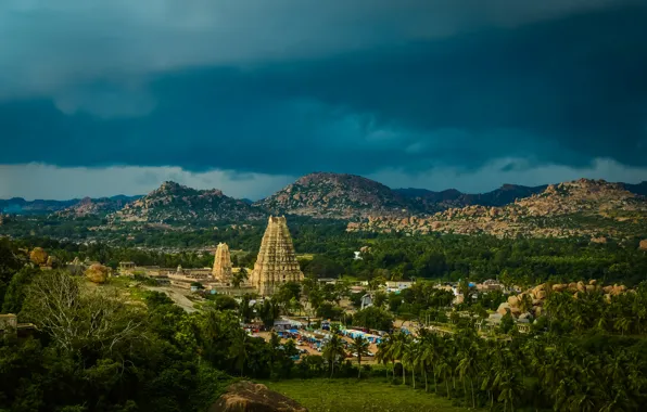 Trees, mountains, clouds, stones, valley, India, jungle, temples