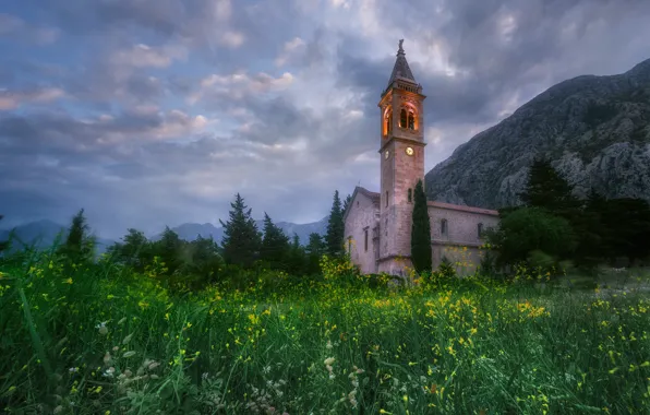 Trees, landscape, mountains, clouds, nature, Church, grass, Montenegro