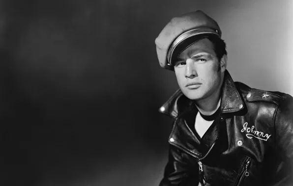 Jacket, actor, black and white, cap, Marlon Brando