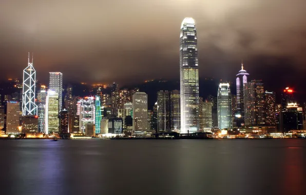 Night, Hong Kong, skyscrapers, Lights