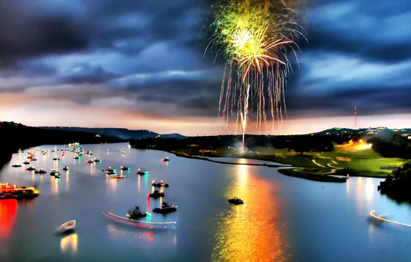 Lights, river, boats, Salute