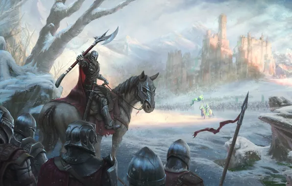 Picture cold, winter, snow, castle, horse, army, battle, knight
