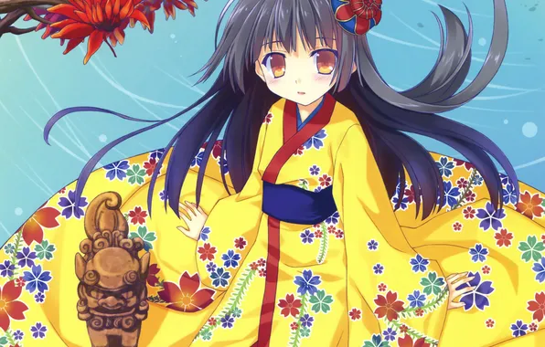 Girl, flowers, branch, anime, art, kimono, Nanao order